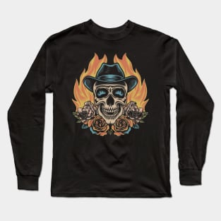 Flaming Cowboy Skull Tattoo Long Sleeve T-Shirt